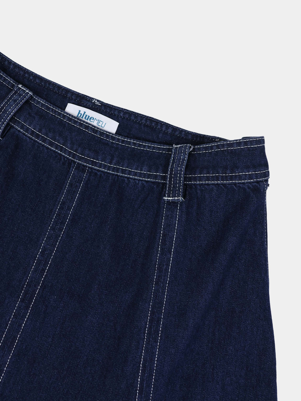Seamed Bottom Stitched Denim Skirt-Dark Blue
